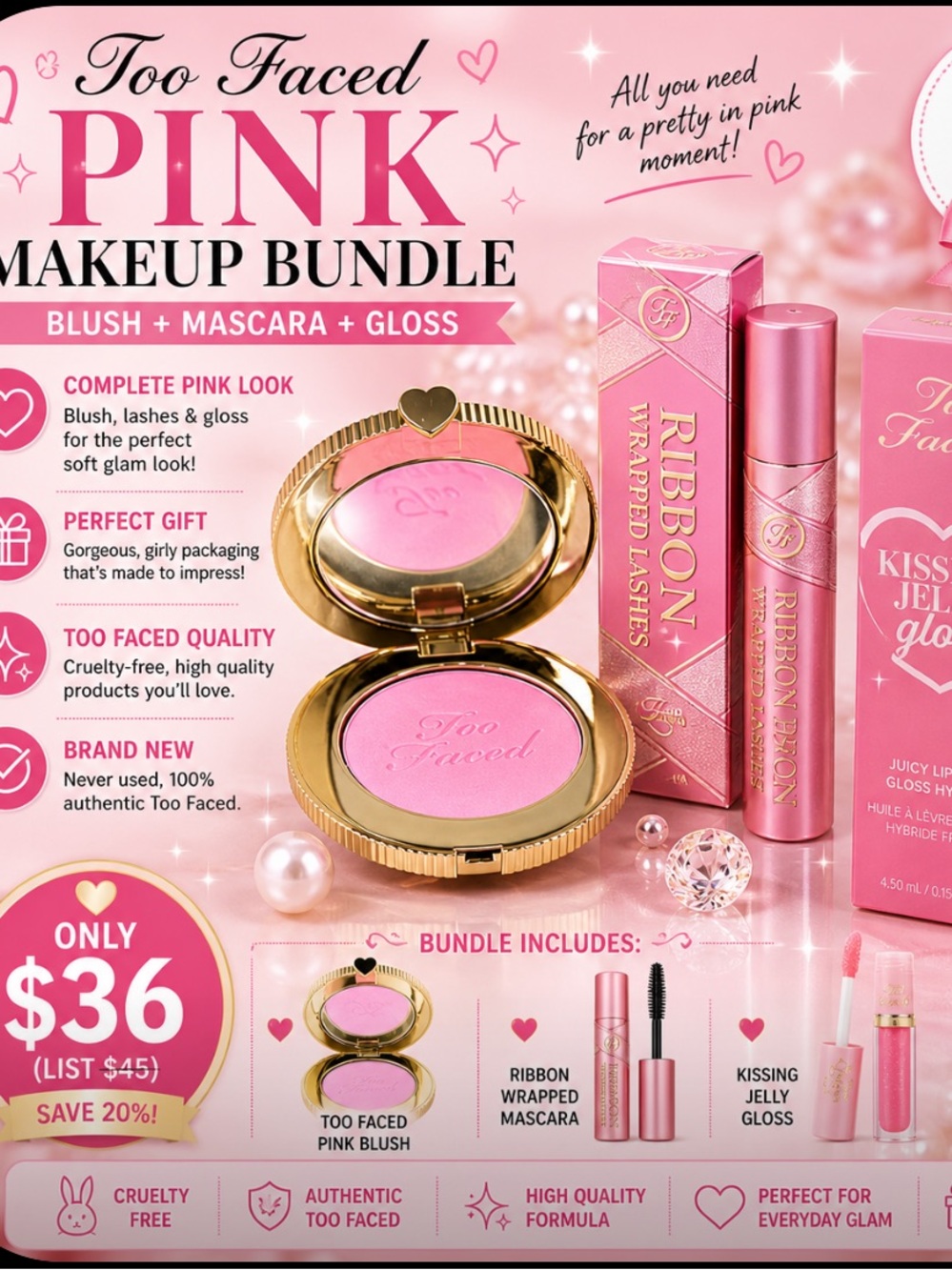 Too Faced Pink Makeup Bundle – Blush + Mascara + Kissing Jelly Gloss